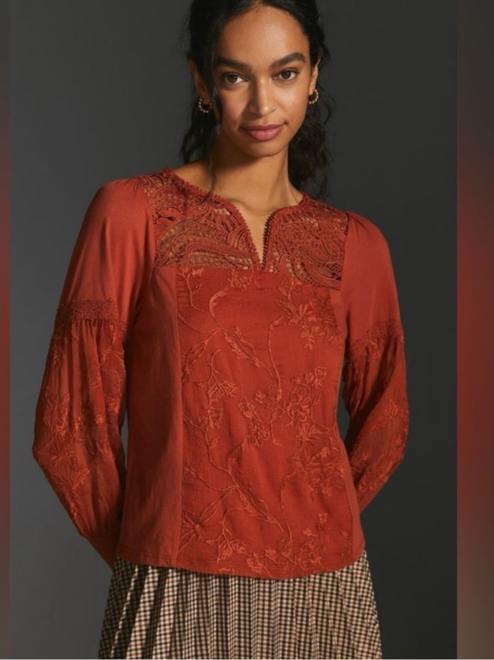 Tiny for Anthropologie Rust Embroidered Lace Yoke Blouse. Gorg! Sz M -Minor flaw